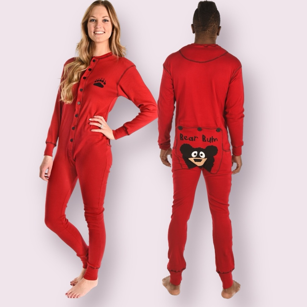 Lazy One Bear Bum Flap Jack Adult Onesie One Piece Pajama Unisex Red Medium